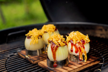 stuffed onion on the grilllの写真素材