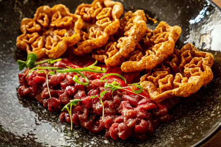 beef tartare on the dark plateの写真素材