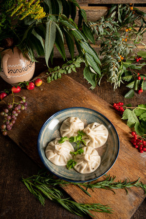 traditional chinkali on the wooden boardの写真素材