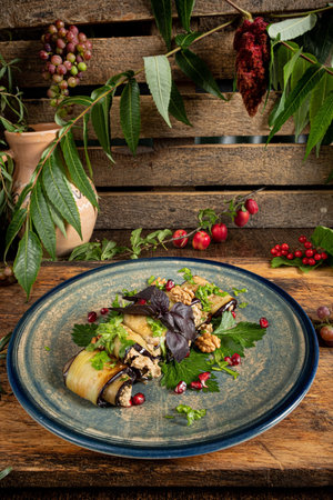 Pkhali - georgian dish made of grilled eggplant stuffed with pureed walnut sauceの写真素材
