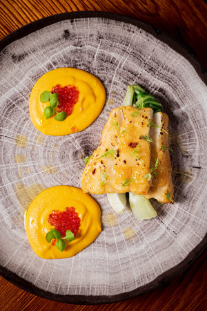white fish with vegetables and puree
