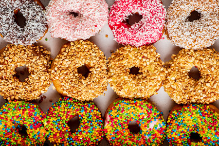 Collection of many colored donuts side by sideの写真素材