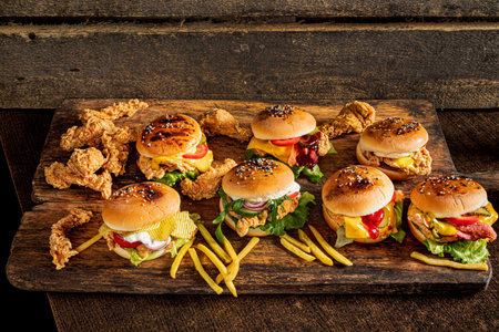 tasty burger on the wooden backgroundの写真素材