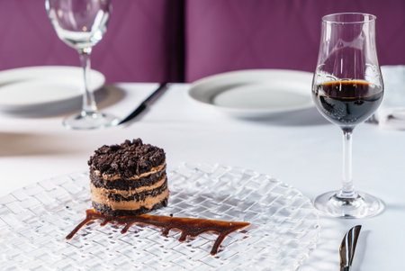 chocolate cake with sherry in restaurantの写真素材