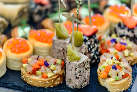 canape set on catering tableの写真素材