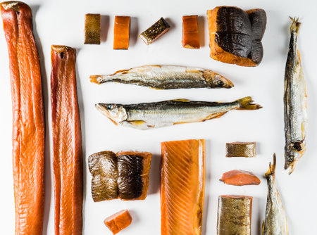 smoked fish on the white backgroundの写真素材