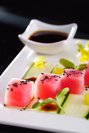 Tuna sashimi on the white plateの写真素材