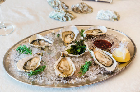 Fresh raw opened oysters with ice and lemonの写真素材