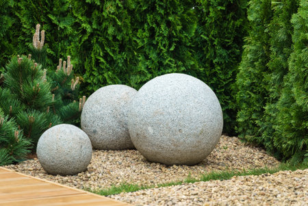 Stone balls. stone sphere. Garden sculpturesの写真素材
