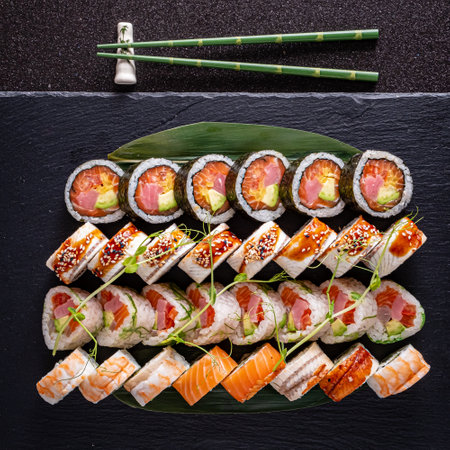 tasty sushi on the black backgroundの写真素材