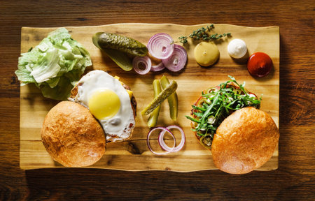 creative burger on the wooden backgroundの写真素材