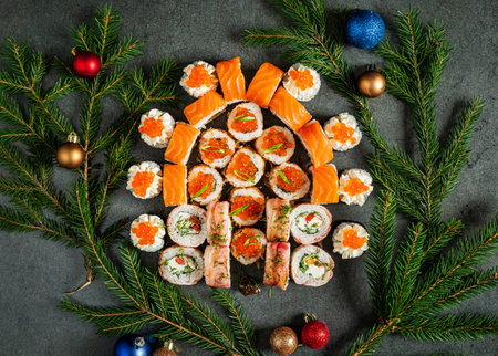 Christmas sushi set on the black backgroundの写真素材