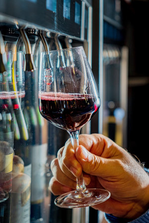 Red wine in a glass in the hands of a young man.の写真素材