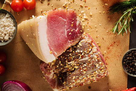 Homemade Chunks of salted bacon, pork lard, close-up