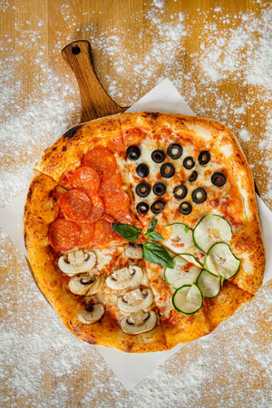 homemade pizza on the wooden boardの写真素材