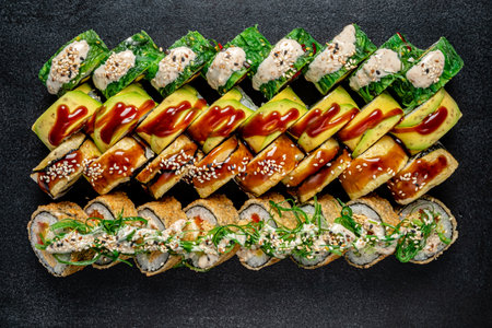 sushi set on the black backgroundの写真素材