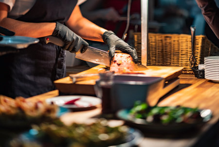 chef making catering food in restaurantの写真素材