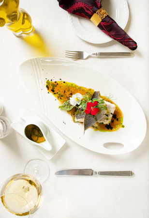 fish steak with puree on white plate