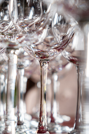 beautiful wine glasses in restaurantの写真素材