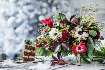 wedding cake and nice bouquetの写真素材