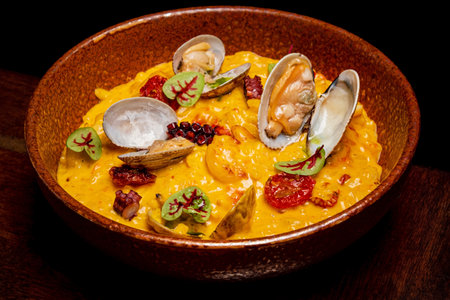 seafood risotto in the bowlの写真素材