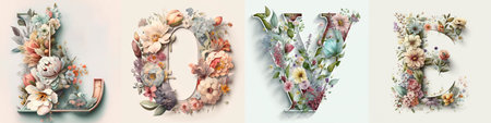 Beautiful floral alphabet. Letters L O V E