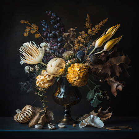 Still life with dried flowers in a vase on a dark backgroundの写真素材