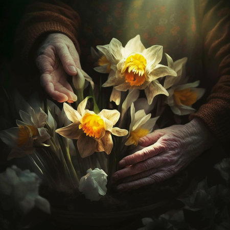 Elderly woman holding daffodils in her hands.の写真素材