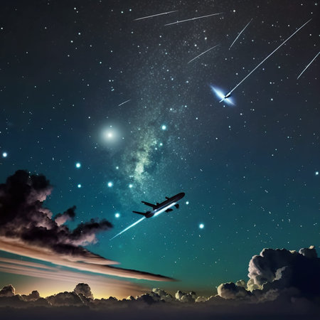 Airplane in the night sky with clouds and stars. 3d rendering