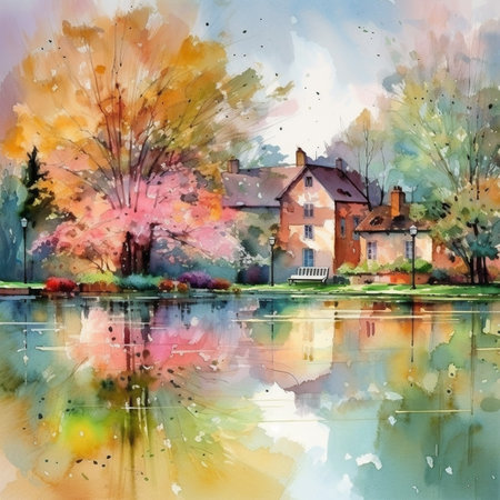 Autumn landscape. Watercolor painting on canvas. The village by the lake.の写真素材
