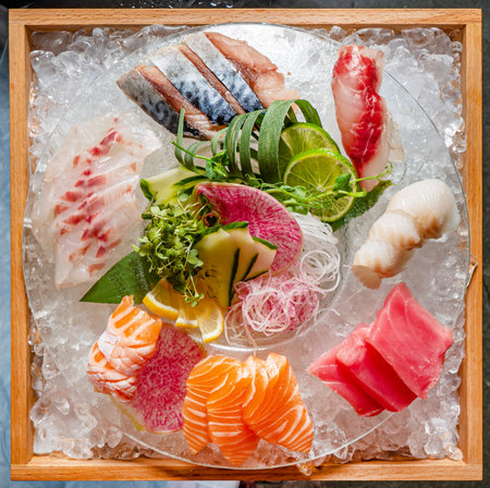 sashimi on the ice backgroundの写真素材