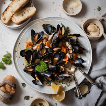 Tasty mussels with parsley and lemon served on white plateの写真素材