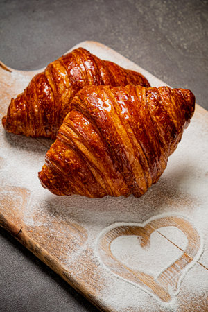 Freshly baked croissants on wooden cutting board with heart shapeの写真素材