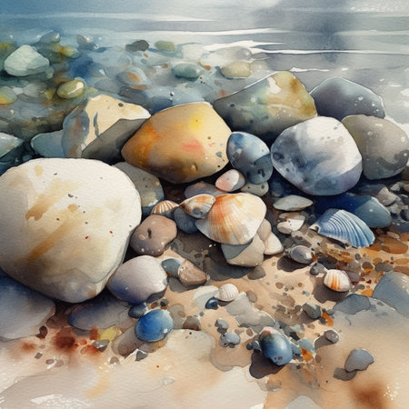 Watercolor painting of pebbles and shells on the beach.の写真素材