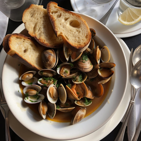Clams stewed in white wine sauce with bread and parsleyの写真素材