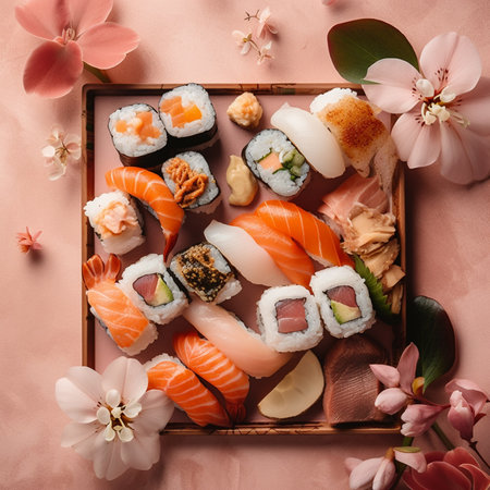 Sushi set in a wooden box on a pink background with flowersの写真素材