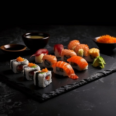 Sushi set on a black background. Sushi rolls with salmon, tuna, caviar, wasabi, ginger, wasabi.の写真素材