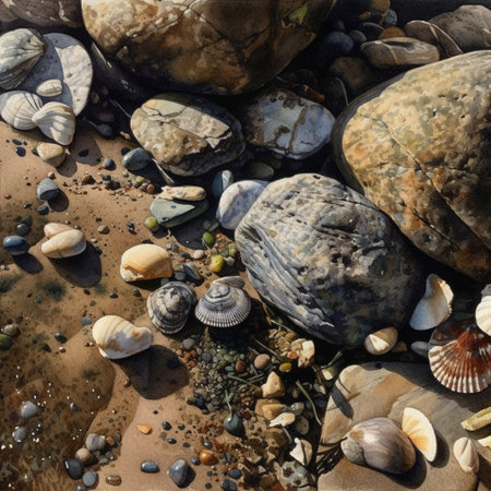 Seashells and pebbles on the beach. Collage.の写真素材