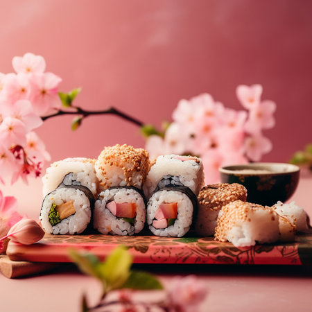 Sushi rolls with chopsticks and sakura flowers on pink backgroundの写真素材