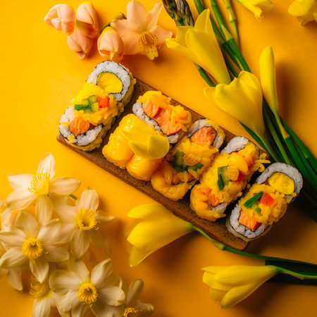 sushi on a yellow background with daffodils, top viewの写真素材