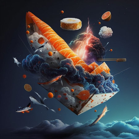 Futuristic fast food concept as a gift box in the form of a fish with flying ingredients around it as a 3D illustration.の写真素材