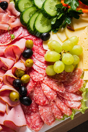 catering table with meat and cheeseの写真素材
