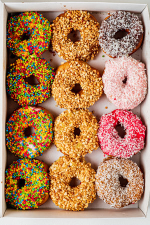 Sweet delicious glazed donuts in box,の写真素材