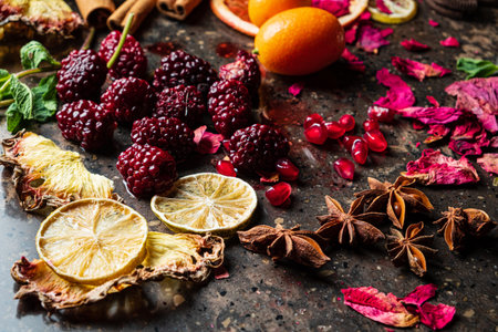 different spices and fruits closeupの写真素材