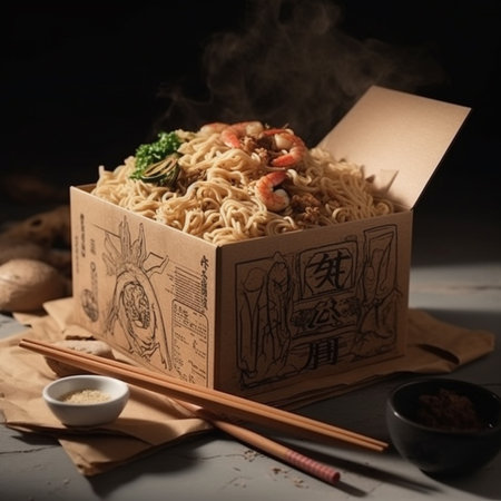 Chinese noodles with shrimps in a box on a dark backgroundの写真素材