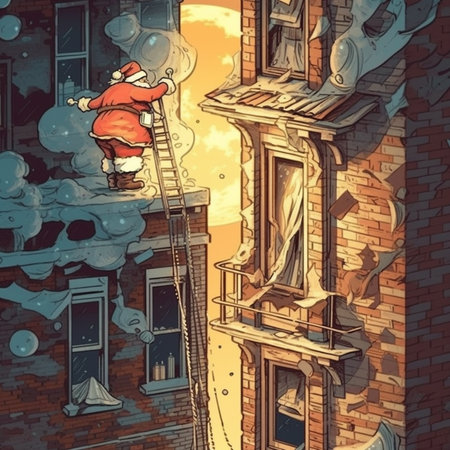 Santa Claus climbing the stairs on the wall of a building, illustrationの写真素材
