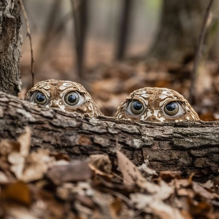 Couple of owls sitting on a tree trunk in the forestの写真素材