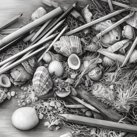 Pencils and seashells on wooden background. Black and white.の写真素材