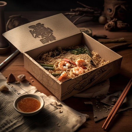 Noodles with shrimps in a box on a wooden tableの写真素材