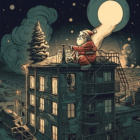 Santa Claus on the roof of a house in the city. Christmas illustration.の写真素材